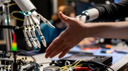 Robotics research lab testing a new robotic hand, detailed finger movements and tactile sensors 