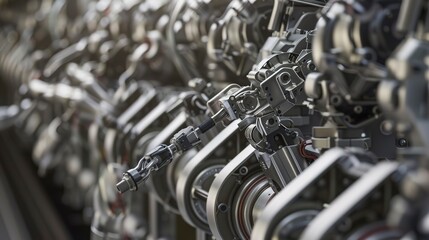 Fototapeta premium Assembly line robots manufacturing cars, close-up, synchronized movements, clear precision