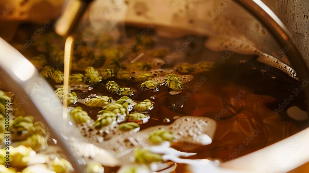 Canvas Prints Close-up of hops being added to a brew kettle, detailed golden brew and green hops 