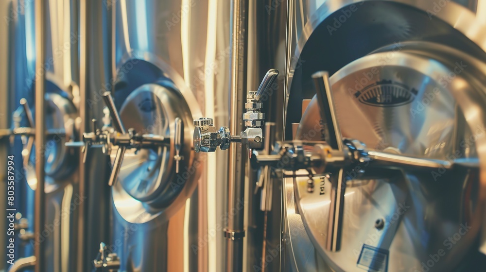 Wall mural Fermentation tanks in a craft brewery, close-up, detailed gauges and stainless steel surfaces 