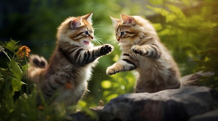 Action shot of two cats fighting, leaping with paws, outdoor environment, blurred background