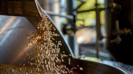 Pouring malt into a grinder at a brewery, close-up, detailed grains and machinery 