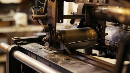 Fototapeta premium Old printing press in action, close-up, detailed type setting and paper feeding