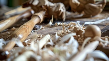 Crafting traditional wooden toys, close-up, detailed carving tools and wood shavings