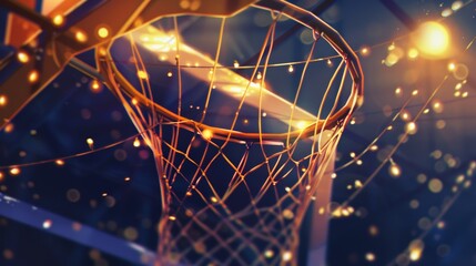 Warm light filters through a basketball net adorned with sparkles, creating a cozy atmosphere. Illustration - obrazy, fototapety, plakaty