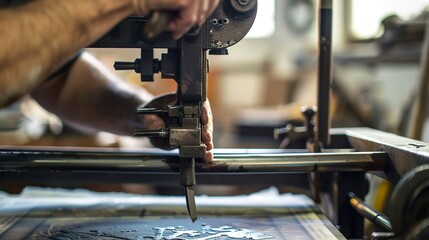 Close-up of hand-cranking a vintage printing press, detailed mechanics and ink application