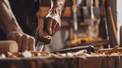 Craftsman carving wood in a historic furniture workshop, close-up, detailed chisels and wood grain