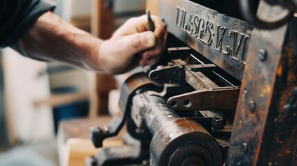 Close-up of hand-cranking a vintage printing press, detailed mechanics and ink application