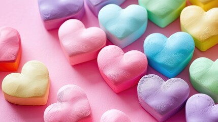 Fototapeta premium Colorful hearts scattered on a pink background, celebrating Valentine's Day. Ai Generated.