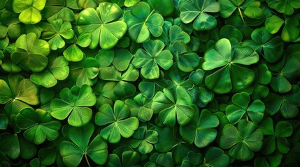 Vibrant green background adorned with three-leaved shamrocks, clover leaves. Ai Generated.