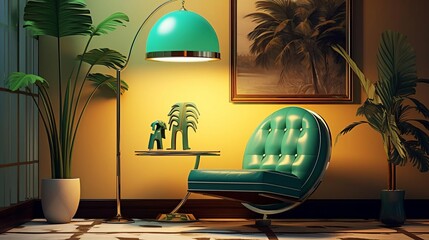 art deco interior design,bright lighting,lamp,frame,plant,complementary color