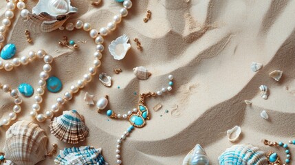 In this artistic landscape, a necklace lies on a circle of sand, adorned with seashells and pearls. The wind creates aeolian landforms, adding a fun touch to the scene AIG50