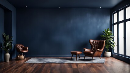  Modern interior of living room with leather armchair on wood flooring and dark blue wall 