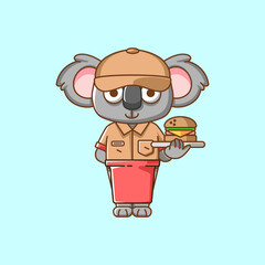 Cute koala waiter animal kawaii chibi character mascot illustration outline style design