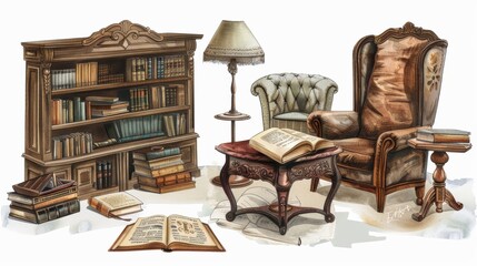 Obraz na płótnie Canvas Watercolor set of vintage books, desk lamp, book table, chair, couch and opened book. Illustration
