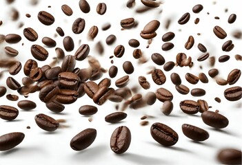 Obraz premium Granos de café volando sobre fondo blanco