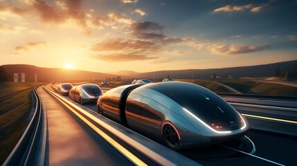 Autonomous vehicles on a test track, sunset, dynamic angle