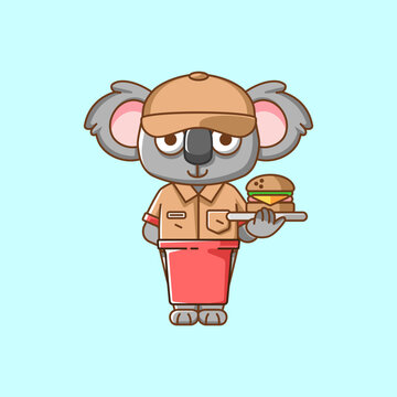 recommend clip art: Cute koala waiter animal kawaii chibi character mascot illustration outline style design