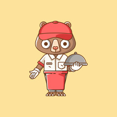 Cute brown bear waiter animal kawaii chibi character mascot illustration outline style design