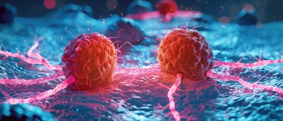 Close-up of a 3D hologram showing multiple cancer cells dividing, high-tech medical illustration