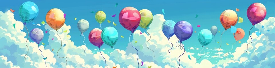 Obraz premium A colorful bunch of balloons floating in the sky. The balloons are of different colors and sizes, creating a vibrant and lively atmosphere, cartoon banner illustration