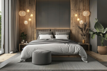 modern bedroom interior in gray tones, bedroom mock up, 3d rendering