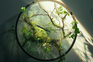 Biotech clock with living vines forming the hands, front view, soft natural light, organic meets digital