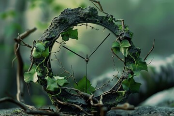 Biotech clock with living vines forming the hands, front view, soft natural light, organic meets digital