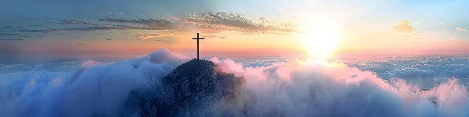 Obraz premium A cross is on top of a mountain with a beautiful sunset in the background. Concept of peace and serenity, as if the cross is a symbol of hope and faith in the midst of a beautiful, banner