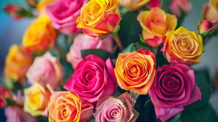 Bouquet of multicolored roses, eyelevel, festive and bright, celebratory mood