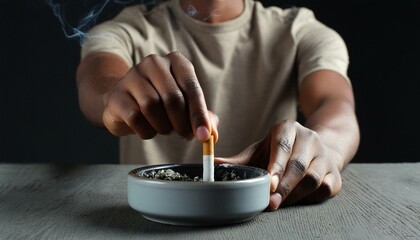 A man extinguishing a cigarette in an ashtray. Dark background. Smoke.

