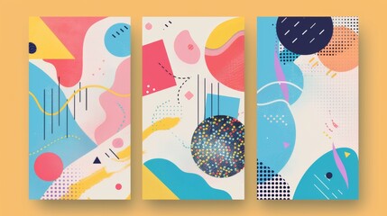 Flat retro abstract shapes flyer template with geometric colorful figures. Illustration