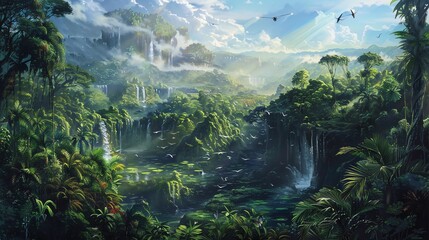 Bring the utopian wilderness to life through a traditional oil painting medium, portraying the intricate details of lush greenery and sparkling water features inhabited by elegant aerial robots soarin