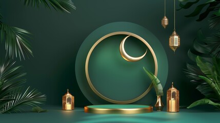 Realistic ramadan kareem display podium background with golden lamp and crescent moon. 3d product display podium green and gold themed islamic. Illustration