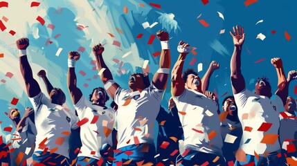 Cheerful rugby players celebrating their victory. sports. Illustrations