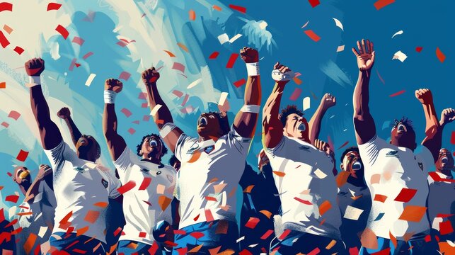 Cheerful rugby players celebrating their victory. sports. Illustrations
