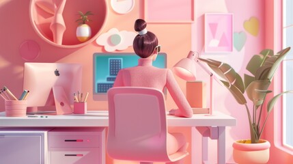 Freelance woman works at computer desk 3D illustration. Happy person employee at desktop PC, table. Worker working. Illustration