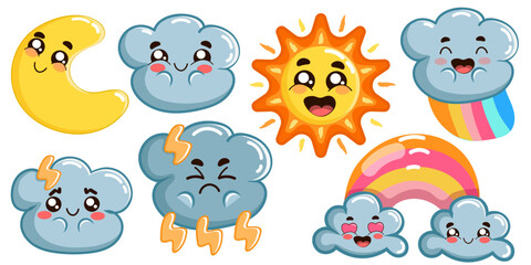 Set of cute weather icons with different emotions expression. Hand drawn collection cute weather themed elements. Cartoon weathers illustration items for kids isolated on white vector illustration