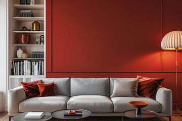 Modern claret red wall detail with white background, grey sofa and pillow, white bookshelf middle table and orange lamp style, frame and chair decor.