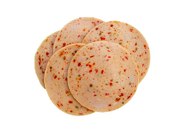 Spicy sliced bologna sausage with chili