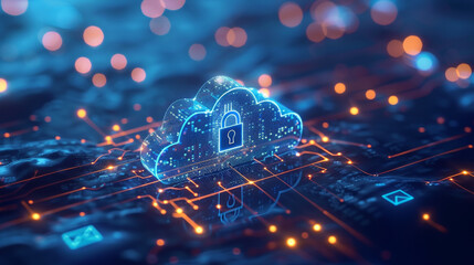 A digital illustration of a glowing cloud secured with a padlock, set against a high-tech circuit board background.