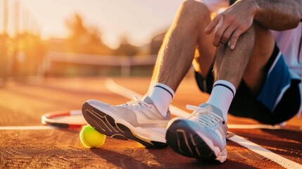 Sports injury. Close-up of tennis player touching his leg while sitting on the tennis court....