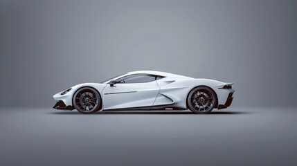 White sports car is shown like a studio photo with a gray background and a black rimmed tire. Supercar concept. Side view. Generative AI technology. sports. Illustrations