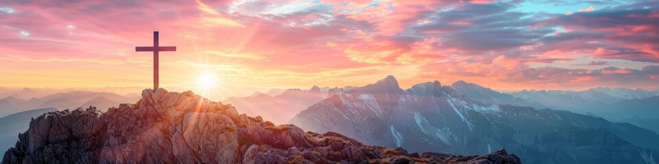 A mountain range with a cross on top of it. The sun is setting and the sky is filled with clouds, banner, copy space