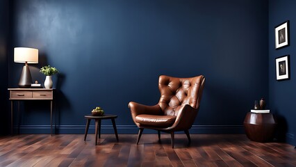 Modern interior of living room with leather armchair on wood flooring and dark blue wall 