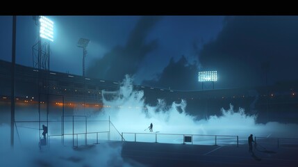 fog in a sports stadium by night. sports. Illustrations