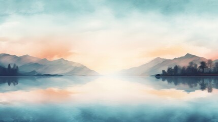 Naklejka premium A beautiful landscape with mountains and a lake. The sky is a mix of blue and orange, creating a serene and peaceful atmosphere, wallpaper, background, copy space