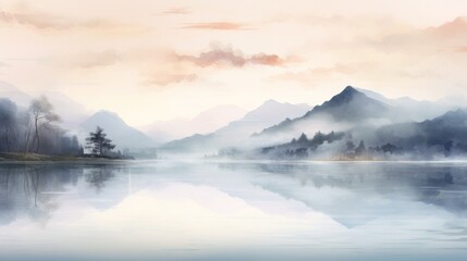 A serene landscape with a lake and mountains in the background, peaceful atmosphere, wallpaper, copy space