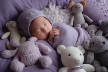 imagine A newborn sleeping soundly in a cozy blanket, against a soothing lavender background, surrounded by plush animals.