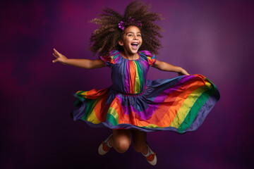 A little girl with curly hair and a happy expression, wearing a rainbow-colored skirt, jumping against a vibrant purple backdrop.